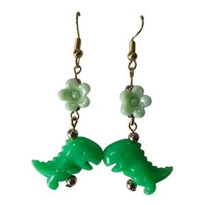 Cute‎ Green Dinosaur Flower Dangle Earrings Kawaii Fun Jewelry
